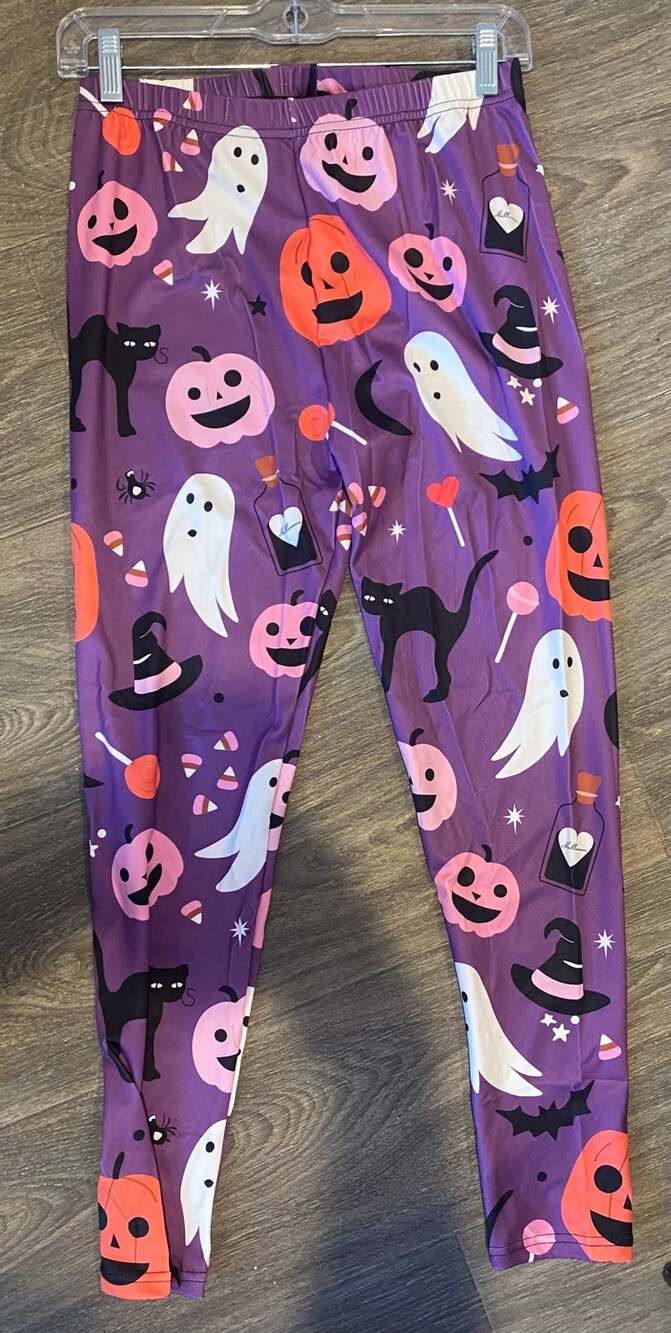 Purple Halloween Pumpkin Ghost Cat Print Leggings